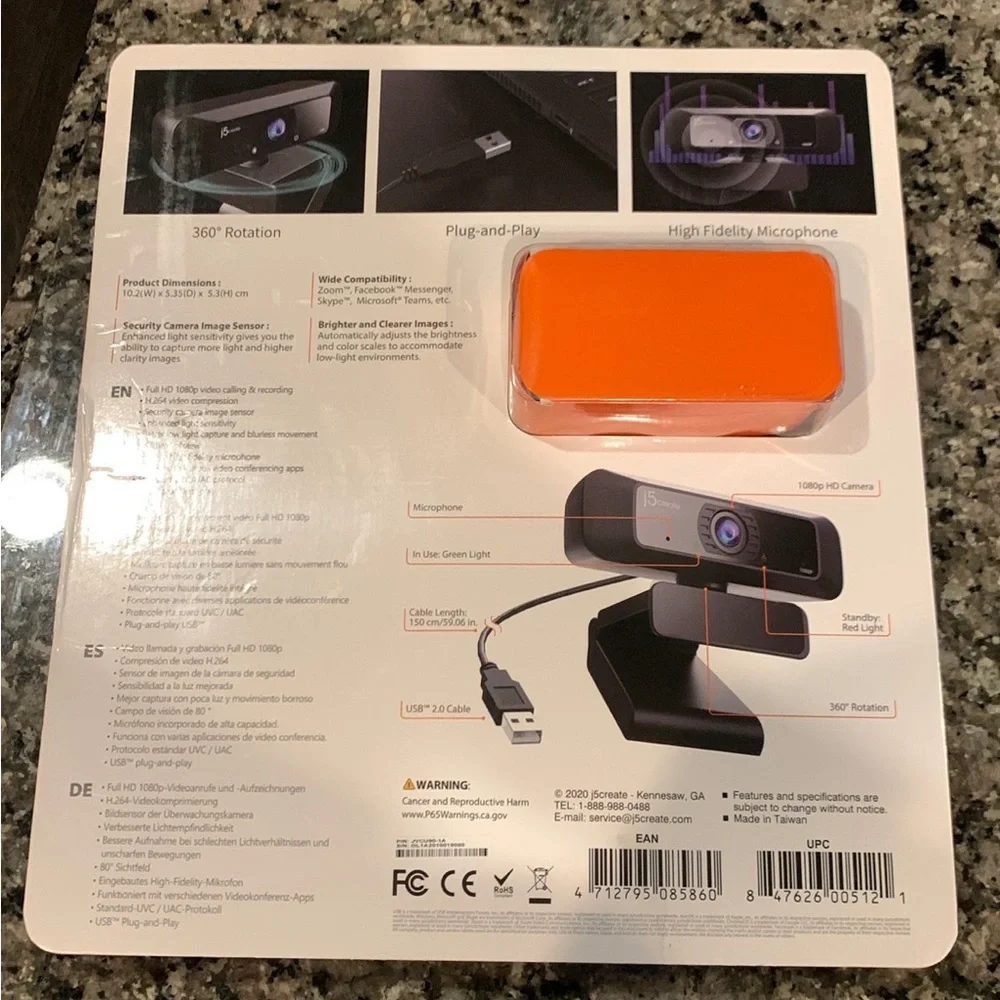 J5create JVCU90 USB HD Webcam W/ 360 Rotation for Mac OS Windows Chrome OS